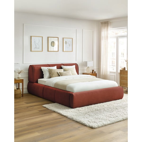 Pat matrimonial portocaliu tapițat cu spațiu de depozitare și somieră 180x200 cm Vernon – Bobochic Paris-image-1
