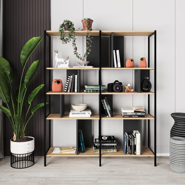 Bibliotecă neagră/în culoare naturală cu aspect de lemn de stejar 144x175 cm Alabama – Marckeric-image-3