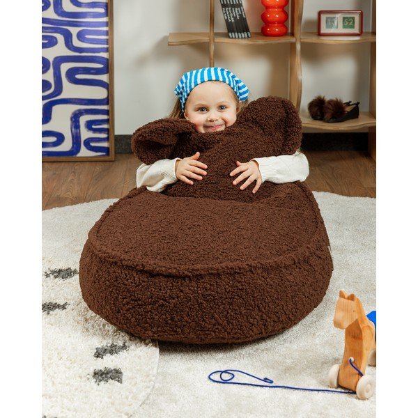 Fotoliu puf pentru copii maro închis cu tapițerie din țesătură bouclé Warm Hazel – Wigiwama-image-4