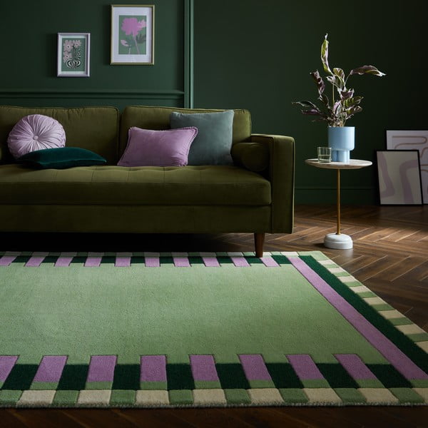 Covor verde/mov țesut manual din lână 200x290 cm Kai Wool Border – Flair Rugs-image-1