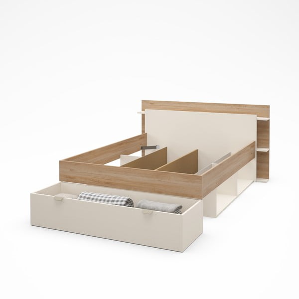 Pat matrimonial alb/în culoare naturală cu aspect de lemn de stejar cu spațiu de depozitare fără somieră 140x190 cm Albo – Marckeric-image-4