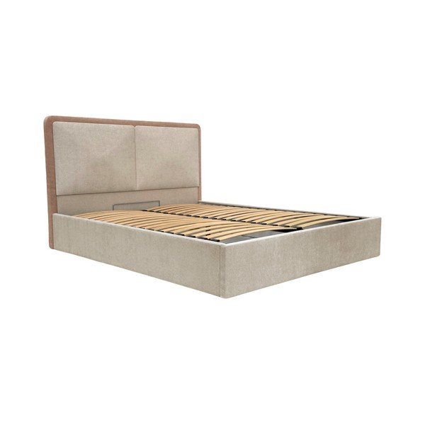 Pat matrimonial bej/roz prăfuit tapițat cu spațiu de depozitare cu somieră 180x200 cm Mara – Bobochic Paris