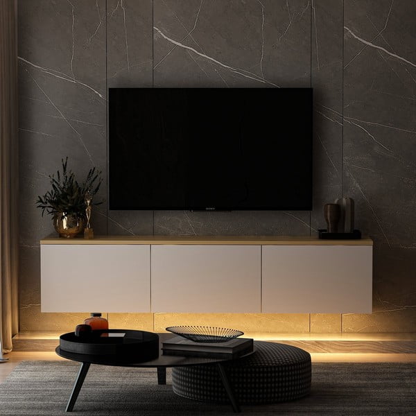 Comodă TV albă/în culoare naturală cu aspect de lemn de stejar 160x35x32 cm Neon – Kalune Design-image-3