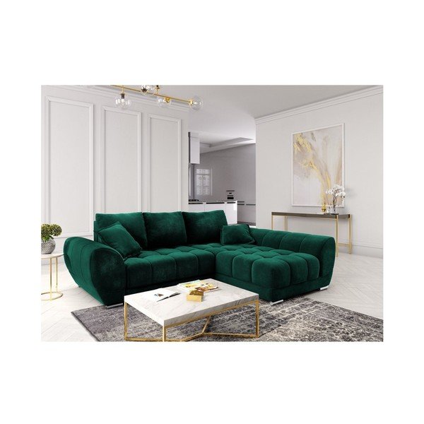 Colțar extensibil cu tapițerie de catifea și șezlong pe partea dreaptă Windsor & Co Sofas Nuage, verde smarald-image-1