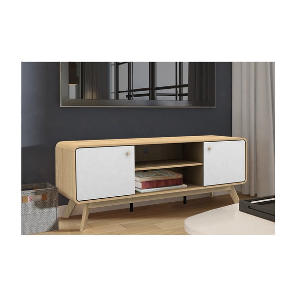 Masă TV albă/în culoare naturală cu aspect de lemn de stejar 140x53 cm Caitlin – Støraa-image-4