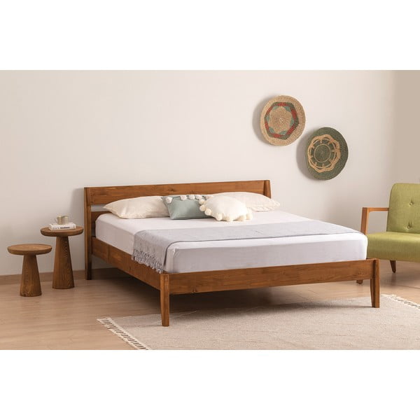 Pat în culoare naturală/maro închis din lemn de molid cu somieră 90x200 cm Venus – Kalune Design-image-1