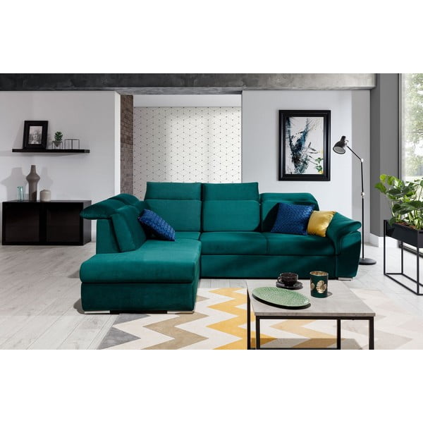 Colțar verde extensibil/cu spațiu de depozitare cu tapițerie din catifea (cu colț pe partea stângă/în formă de ”L”) Loreto – ELTAP-image-1