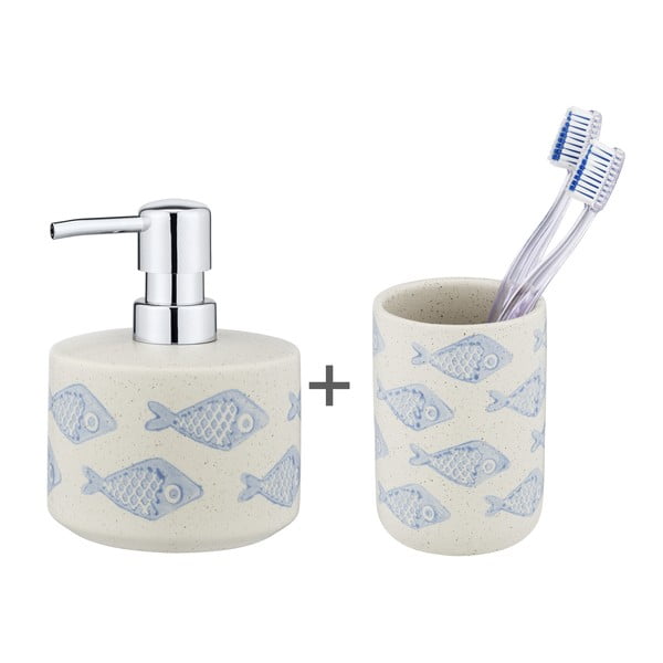 Set de accesorii de baie alb/albastru din ceramică Aquamarin – Wenko