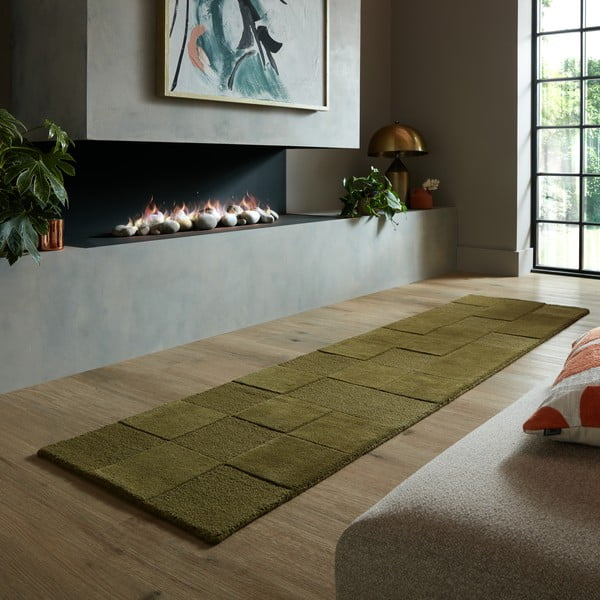 Covor tip traversă kaki țesut manual din lână 60x230 cm Checkerboard – Flair Rugs-image-1