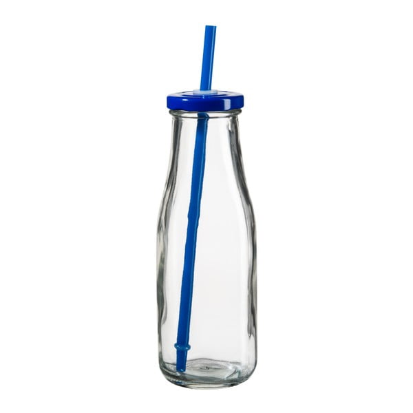 Sticlă cu capac albastru și pai SUMMER FUN II, 440 ml, albastru