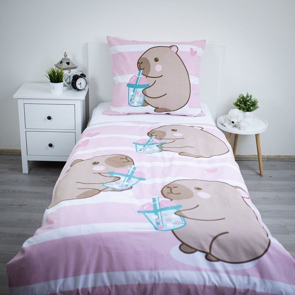 Lenjerie de pat pentru copii roz din bumbac pentru pat de o persoană 140x200 cm Kapybara – Jerry Fabrics-image-1