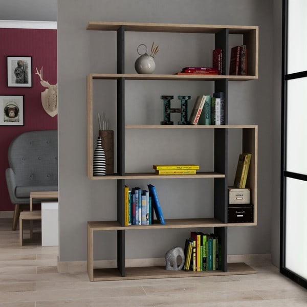 Bibliotecă gri antracit/în culoare naturală cu aspect de lemn de stejar 108,5x161 cm Mito – Homitis-image-1