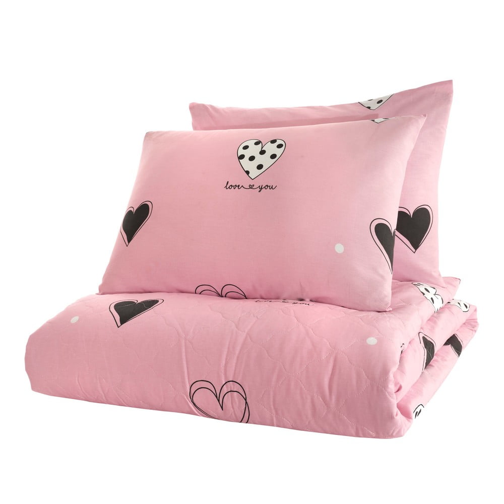 Cuvertură de pat cu 2 fețe de pernă din bumbac ranforce Mijolnir Hati, 225 x 240 cm, roz