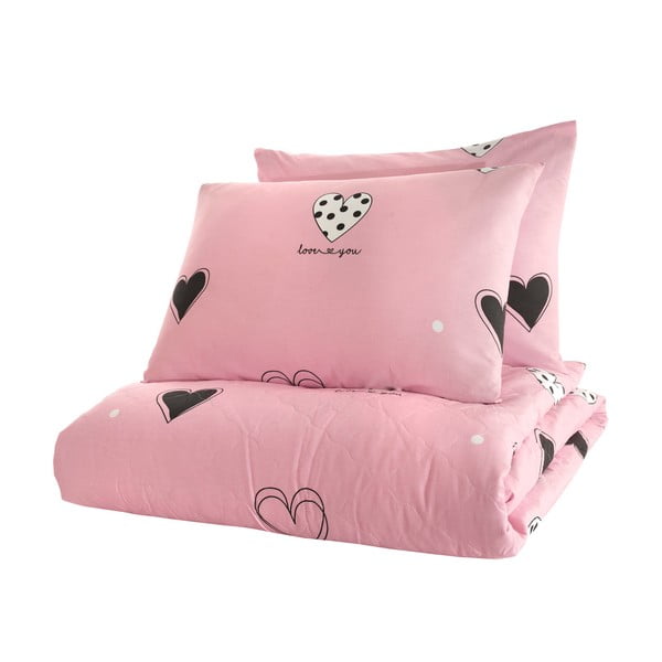 Cuvertură de pat cu 2 fețe de pernă din bumbac ranforce Mijolnir Hati, 225 x 240 cm, roz