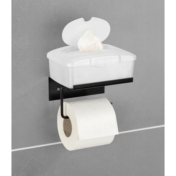 Suport pentru hârtie igienică negru autoadeziv/cu raft din metal Desulo – Wenko-image-1