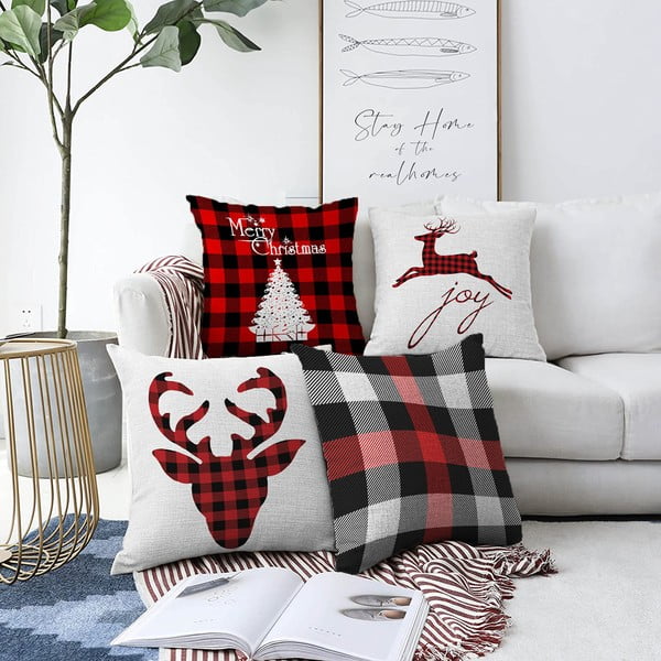 Set 4 fețe de pernă din chenille cu model de Crăciun Minimalist Cushion Covers Christmas Tartan, 55 x 55 cm