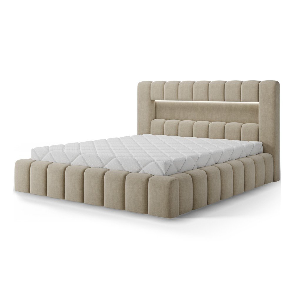 Pat matrimonial bej tapițat cu spațiu de depozitare cu somieră 180x200 cm Lamica – ELTAP
