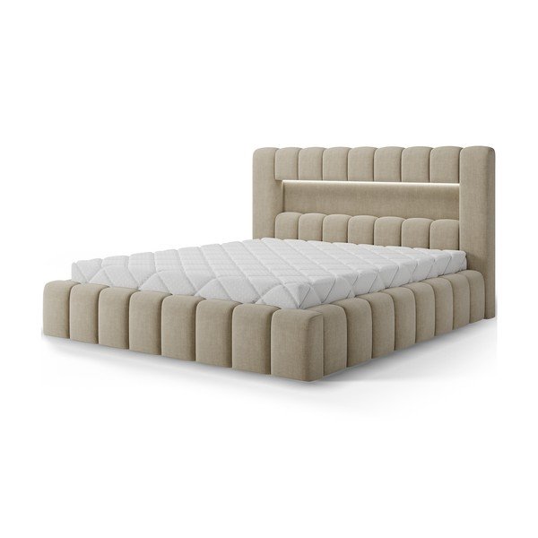 Pat matrimonial bej tapițat cu spațiu de depozitare cu somieră 140x200 cm Lamica – ELTAP