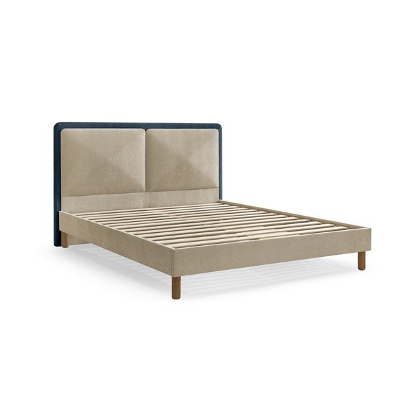 Pat matrimonial albastru/bej tapițat tapițat cu somieră 160x200 cm Mara – Bobochic Paris