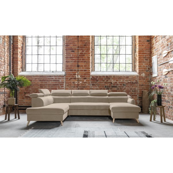 Colțar bej extensibil cu tapițerie din catifea (cu colț pe partea stângă /în formă de "U") Sweet Harmony – Miuform-image-1