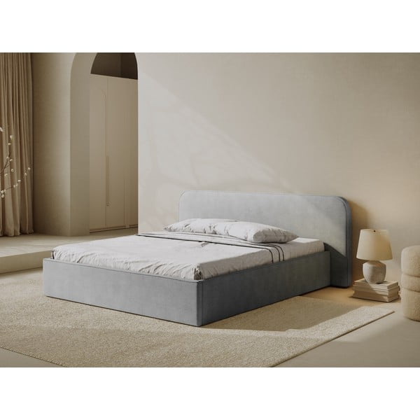 Pat matrimonial gri deschis tapițat cu spațiu de depozitare cu somieră 140x200 cm Elizabeth – Micadoni -image-1