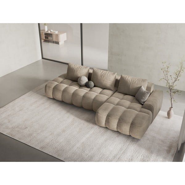 Colțar bej extensibil/cu spațiu de depozitare cu tapițerie din catifea (cu colț pe partea dreaptă/cu șezlong) Linz – Cosmopolitan Design-image-1
