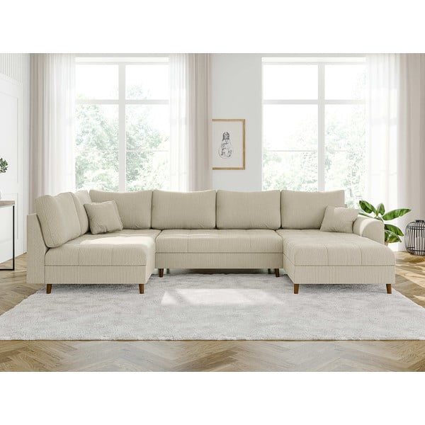 Colțar crem cu tapițerie din catifea reiată  (colț dreapta/în formă de "U") Ariella – Ropez-image-1