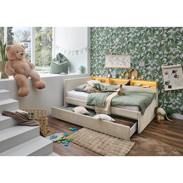 Pat pentru copii  bej pe colț cu spațiu de depozitare fără somieră 90x200 cm Uno – Meise Möbel-image-2