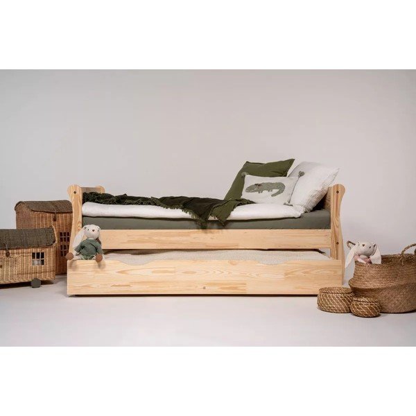 Pat pentru copii  în culoare naturală cu extensie suplimentară din lemn de pin cu spațiu de depozitare cu somieră 90x160 cm Roma – Adeko-image-3