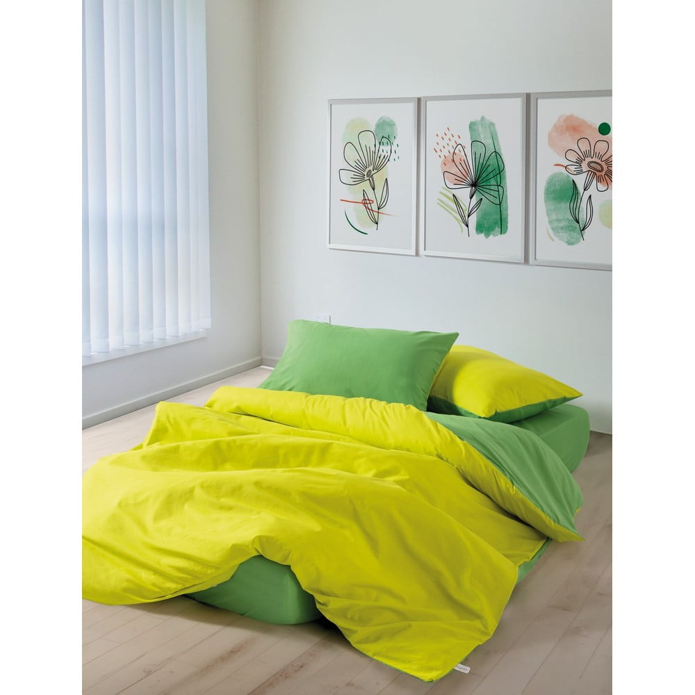 Lenjerie de pat galbenă-verde din bumbac ranforcé pentru pat dublu, extinsă cu cearceaf inclus, cu 4 piese 200x220 cm Sage – Mijolnir