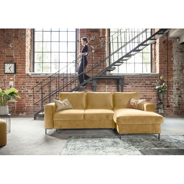 Colțar extensibil din catifea cu șezlong pe partea dreaptă Miuform Lofty Lilly, galben muștar-image-1