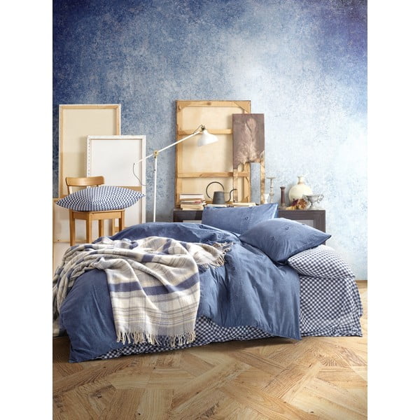 Lenjerie de pat cu cearșaf și cuvertură pentru pat Cotton Box Denim, 200 x 220 cm, albastru închis
