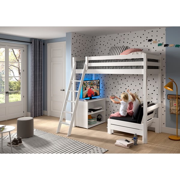Pat pentru copii  alb înalt din lemn masiv de pin cu spațiu de depozitare 90x200 cm PINO – Vipack-image-1