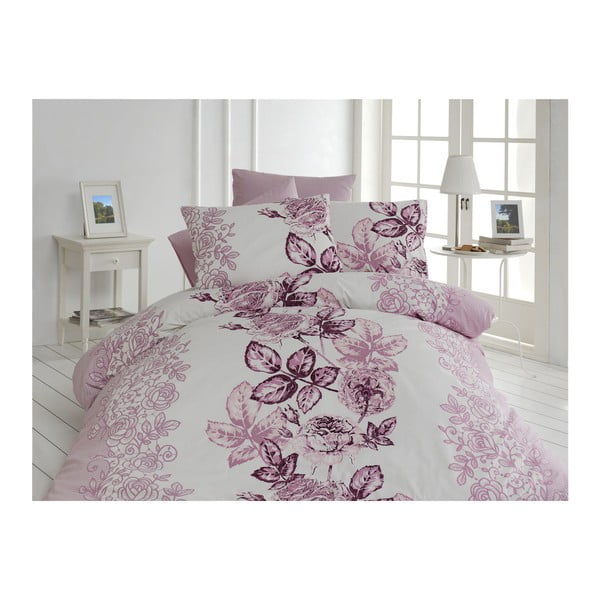 Lenjerie de pat cu cearșaf din bumbac Nazenin Home Lamer, 200 x 220 cm, violet - alb