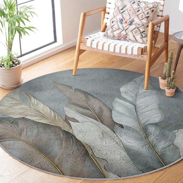 Covor verde/gri lavabil rotund ø 100 cm Dusty Leaves – Mila Home-image-2