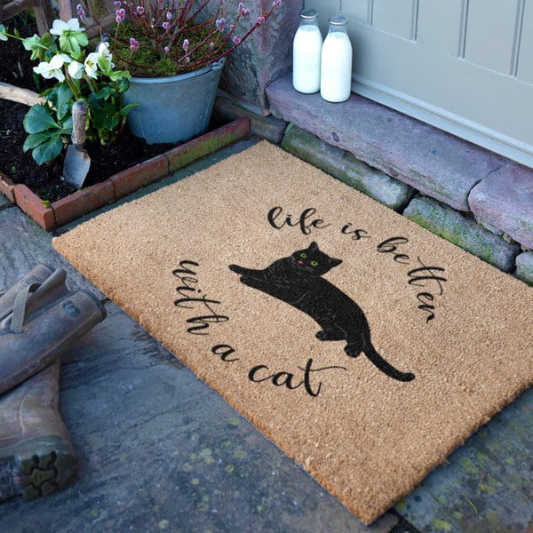 Covoraș de intrare din fibre de nucă de cocos 40x60 cm Life Is Better With a Cat – Artsy Doormats-image-2