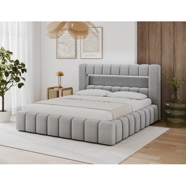 Pat matrimonial gri tapițat cu spațiu de depozitare cu somieră 140x200 cm Lamica – ELTAP-image-1