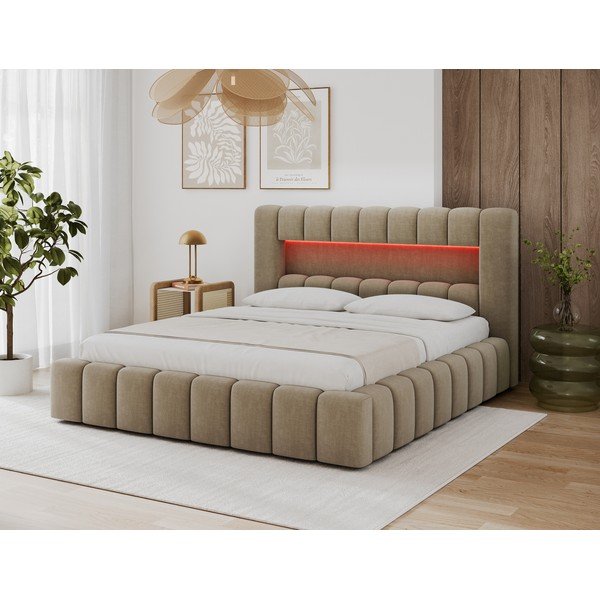 Pat matrimonial maro deschis tapițat cu spațiu de depozitare cu somieră 180x200 cm Lamica – ELTAP-image-2