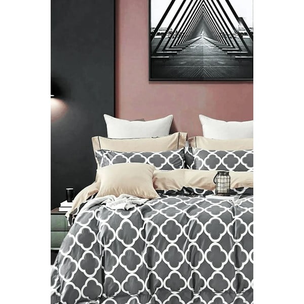 Lenjerie de pat gri/bej din bumbac pentru pat dublu/extinsă cu cearceaf inclus/cu 4 piese 200x220 cm Geometric – Mila Home