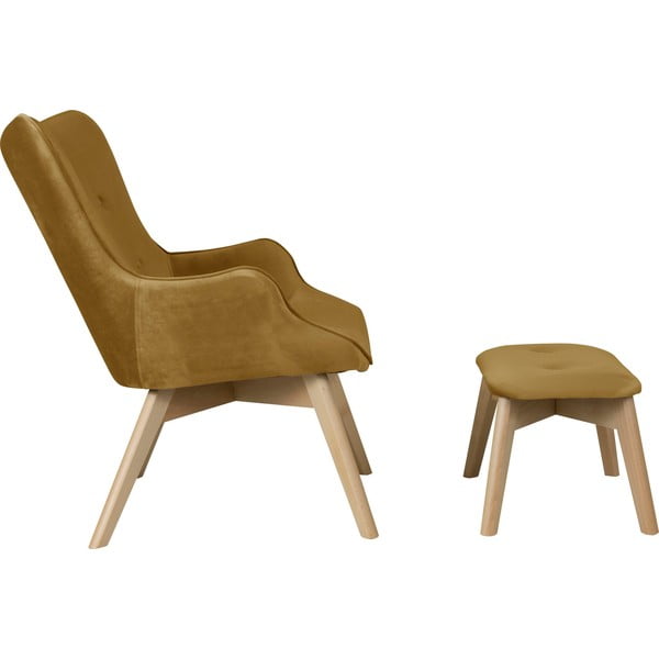 Fotoliu cu taburet galben muștar cu tapițerie din catifea Niko – Ropez-image-3