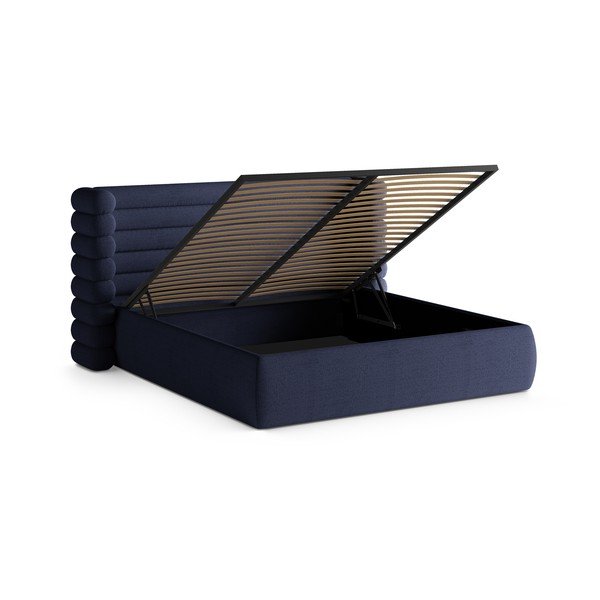 Pat matrimonial albastru tapițat cu spațiu de depozitare cu somieră 200x200 cm Mount – Micadoni -image-2