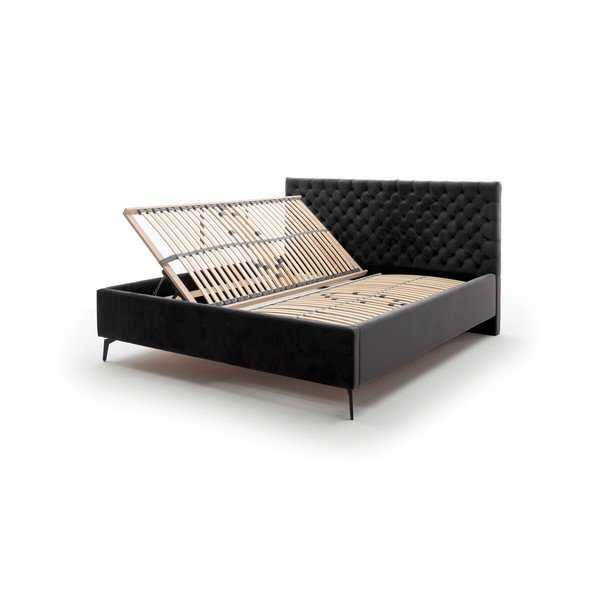 Pat matrimonial negru tapițat cu spațiu de depozitare cu somieră 180x200 cm La Maison – Meise Möbel-image-4