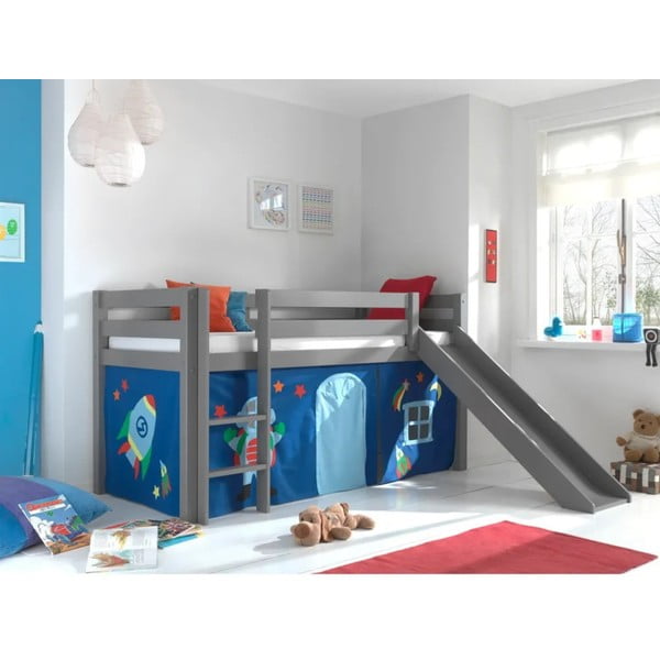 Pat pentru copii supraetajat gri din lemn masiv de pin 90x200 cm PINO – Vipack-image-3