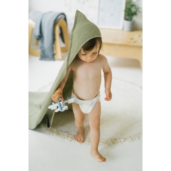 Prosop din in cu glugă pentru copii verde 100x100 cm Waffle - Linen Tales-image-3