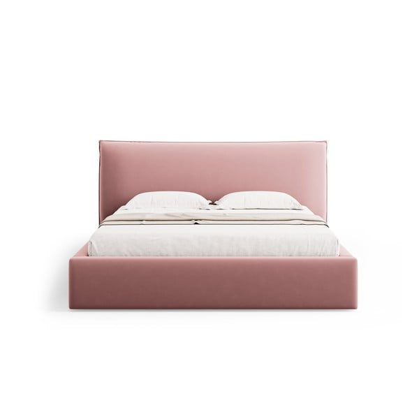 Pat matrimonial roz tapițat cu spațiu de depozitare cu somieră 180x200 cm Elio – Milo Casa-image-3