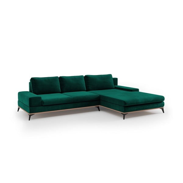 Colțar extensibil cu tapițerie de catifea și șezlong pe partea dreaptă Windsor & Co Sofas Astre, verde smarald-image-2