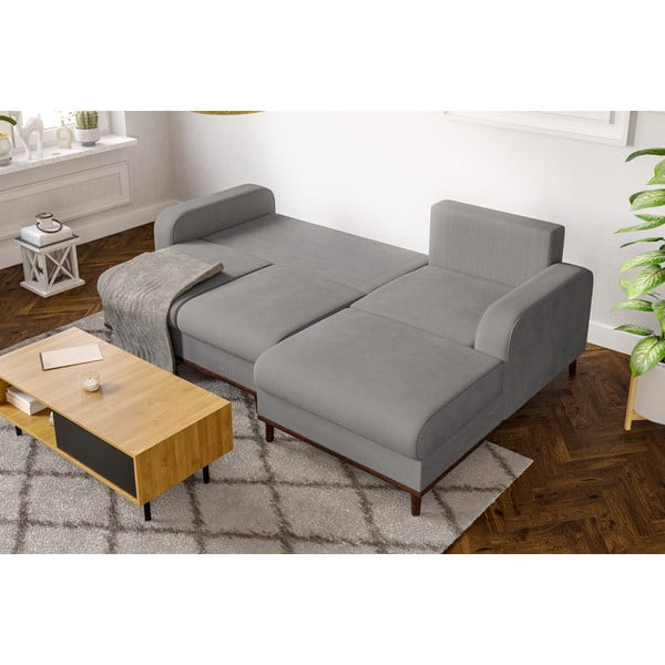 Colțar gri deschis cu tapițerie din catifea reiată  (cu colț pe partea dreaptă) Beata – Ropez-image-4