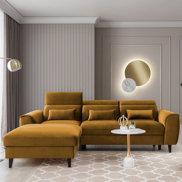 Colțar galben extensibil/cu spațiu de depozitare cu tapițerie din catifea (cu colț pe partea stângă/cu șezlong) Foble – ELTAP-image-1