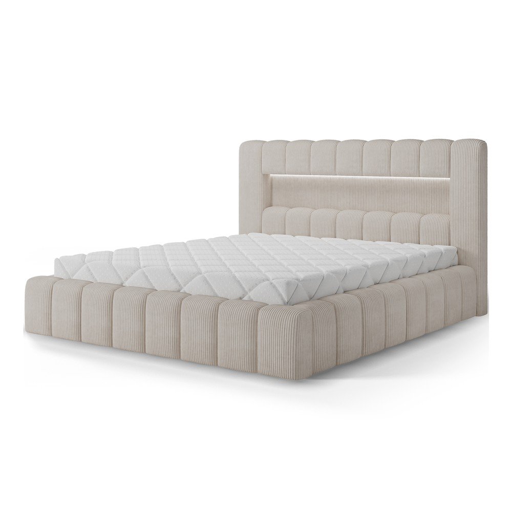 Pat matrimonial bej tapițat cu spațiu de depozitare cu somieră 160x200 cm Lamica – ELTAP