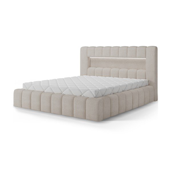 Pat matrimonial bej tapițat cu spațiu de depozitare cu somieră 180x200 cm Lamica – ELTAP